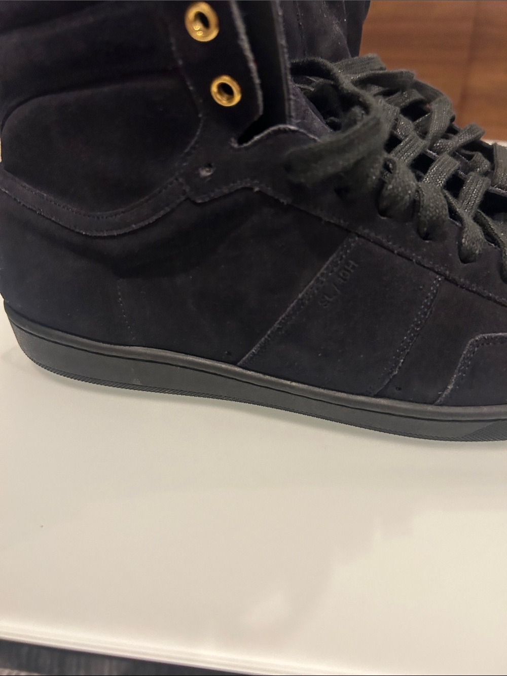 Yves Saint Laurent Black Suede High-Top Sneakers with Gold Eyelets - Picture 2 of 6